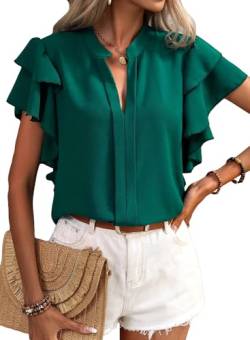 Vcindai Damen Sommer Bluse Rüschen V-Ausschnitt Shirt Kurzarm Oberteile von Vcindai