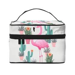 Make-up-Tasche, Reise-Kosmetiktasche, groß, tragbar, Kulturbeutel für Damen, tropisches Palmblatt, Tropischer Flamingo, süßer Kaktus, Einheitsgröße, Kosmetiktasche von VducK