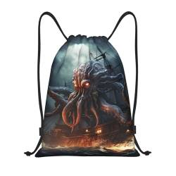 VducK Rucksack mit Kordelzug, Turnbeutel, faltbar, Kordelzug, Rucksack, Piraten-Oktopus, Monsterschiff, Kordelzugbeutel für Reisen, Schwarz , S, Tagesrucksäcke von VducK