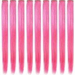9 PCs gefärbte Haarverlängerungen 21 hitzebeständige synthetische, gerade Haarextensionen Clip in Multicolor-Haarflügeln Halloween Cosplay Party Haarthabe Hair Accessoires für Mädchen Kinder (Pink) von Veesper