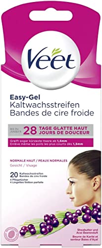 Veet Easy-Gel Kaltwachsstreifen - Geeignet für normale Haut - Anwendung für Gesicht - Bis zu 28 Tage glatte Haut – Minimum Inhaltsstoffen - 10 Doppelstreifen = 20 Einzelstreifen von Veet