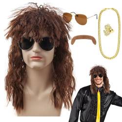 Veeteah 5-teiliges Disco-Hippie-Kostüm, 70er-80er-Jahre-Hippie-Kostümzubehör, Afro-Disco-Outfit mit Perücke, Haar, Schnurrbart, Brillenring und Kette für Herren- und Damenkostüm-Mottoparty von Veeteah