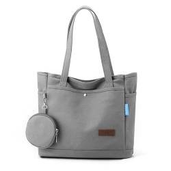 Vegena Handtasche Damen Groß Tote Bag, Umhängetasche Damen Shopper mit Kleingeldbörse Schultertaschen mit Reißverschluss Stofftasche Canvas Tasche für Alltag Einkauf Schule Arbeit (Grau) von Vegena