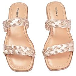 Veittes Weite Frauen Slide Sandalen - Lässige geflochtene Slip-on-Flachsandalen für den Sommer.(2307021,GD/MF,42) von Veittes