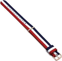 VekkEr Nylon-Uhrenarmband, Sportuhrenarmbänder, Uhrenarmband, Nylonarmband, silberne Schnalle, goldene Schnalle, 18 mm, 20 mm, Armband, Uhrenarmband (Color : Blue White Red Rg, Size : 18mm) von VekkEr