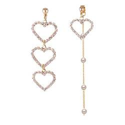Vektenxi Premium Qualität Golden Charm Perle Quaste Kristall Liebe Herz Ohrringe Asymmetrische Tropfenohrring für Frauen oder Mädchen von Vektenxi