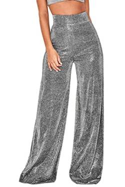 Velius Damen Sexy Metallic Sparkly Wide Leg Pants Hose Clubwear, Schwarz, X-Groß von Velius