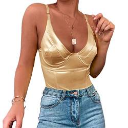 Velius Damen Sexy Tiefer V-Ausschnitt Glänzend Tanga Bodysuit Tank Tops mit Bügel, Gold, XXL von Velius