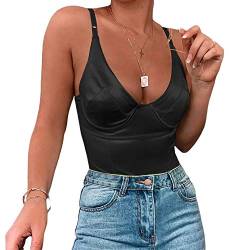 Velius Damen Sexy Tiefer V-Ausschnitt Glänzend Tanga Bodysuit Tank Tops mit Bügel - Schwarz - Small von Velius