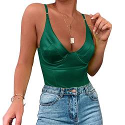 Velius Damen Sexy Tiefer V-Ausschnitt Glänzender Tanga Bodysuit Tank Tops mit Bügel, Grün , L von Velius