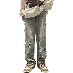 Rock den Retro Vibe Herren Y2K Streetwear Denim-Hose, Sterne Stickerei auf lässigen Baggy Jeans, 90er Hip Hop Tanz & Skateboard-inspirierte Gerade Hosen (Color : Blue, Size : L) von Ventouse