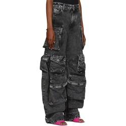 Ventouse Baggy Cargo Jeans für Damen mit Hoher Taille, Geradem Weitem Bein Y2K Cargo Jeanshose mit Pattentaschen (Color : A-Black, Size : L) von Ventouse