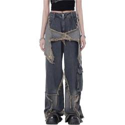 Ventouse Baggy Jeans für Damen, Stern Patchwork Y2K Jeans Hohe Taille Gerades Bein Emo Grunge Hose Vintage Harajuku Streetwear (Color : Blue, Size : M) von Ventouse