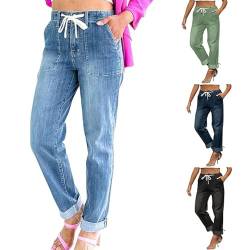 Ventouse Damen Denim Stretch Joggers Kordelzug Elastische Taille Pull On Jeans Lässige Baggy Jeans Kurz Geschnittene Jeans mit Taschen (Color : Blue, Size : 3XL) von Ventouse