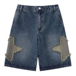 Ventouse Lässige Baggy Streetwear Denim Shorts Unisex Y2K Sternen Patchwork Jeans für Männer und Frauen (Color : Blue, Size : L) von Ventouse