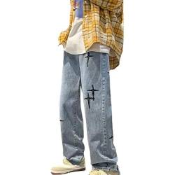 Ventouse Y2K Denim Streetwear für Herren, Baggy Jeans mit Kreuz Grafik, Weitbein Grunge Design, Harajuku Preppy Lässige Hosen (Color : Blue, Size : XL) von Ventouse