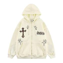 Ventouse Y2K Hoodie Damen Grunge Stars Zip Up Sweatshirt Acubi Emo Übergroße Kapuzenjacke Harajuku Pullover Alt Kleidung (Color : Apricot, Size : L) von Ventouse