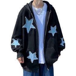 Ventouse Y2K Hoodie Zip Up Star Jacken Grunge Gothic Grafik Sweatshirt Acubi Emo Kapuzenpullover Tops Harajuku Kleidung (Color : A-Black, Size : 3XL) von Ventouse