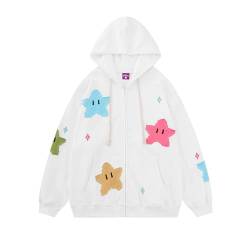 Ventouse Y2K Hoodie Zip Up Star Jacken Grunge Gothic Grafik Sweatshirt Acubi Emo Kapuzenpullover Tops Harajuku Kleidung (Color : B-White, Size : 3XL) von Ventouse