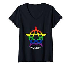 Damen Gayest Witch Pentagram Rainbow Pride Flag Funny LGBT Gift T-Shirt mit V-Ausschnitt von VepaDesigns LGBT Supporter Gift