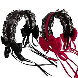 Lolita Spitzen-Stirnband 2 Stück Anime Cosplay Stirnband Spitze Fliege Blumen-Kopfschmuck Rüschen-Spitzen-Stirnband für Frauen Mädchen von Vepoty