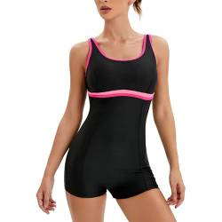 Veranohub Damen Boyleg Einteiliger Badeanzug Athletic Lap Badeanzüge Konservativer Schnitt(Schwarz/Hellrosa,EU46) von Veranohub