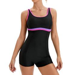 Veranohub Damen Boyleg Einteiliger Badeanzug Athletic Lap Badeanzüge Konservativer Schnitt(Schwarz/Rosa,EU46) von Veranohub