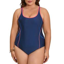 Veranohub Damen Sport Einteiliger Badeanzug Racerback Badeanzug Body Shaping Bademode (Marineblau/Blau/Rosa, EU40) von Veranohub