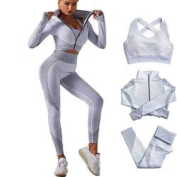 Veriliss Damen 3teiliger Trainingsanzug Nahtlose Yoga-Leggings und Stretch-Sport-BH-Fitness-Set Jogginganzug Reißverschluss Kapuzen Trainingsanzug Set Fitness Jogging Tennis Laufen (Grau, M) von Veriliss