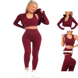 Veriliss Damen 3teiliger Trainingsanzug Nahtlose Yoga-Leggings und Stretch-Sport-BH-Fitness-Set Jogginganzug Reißverschluss Kapuzen Trainingsanzug Set Fitness Jogging Tennis Laufen (Rot,S) von Veriliss