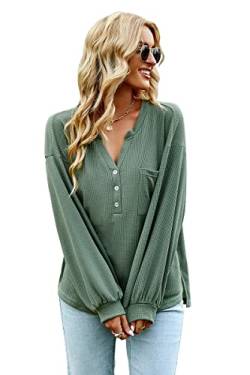 Veriliss Damen Oberteile T Shirt Langarm V-Ausschnitt Tops Mode Loses Blusen Sommer Thin Casual Shirt(Grün,M) von Veriliss