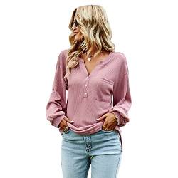 Veriliss Damen Oberteile T Shirt Langarm V-Ausschnitt Tops Mode Loses Blusen Sommer Thin Casual Shirt(Rosa,L) von Veriliss