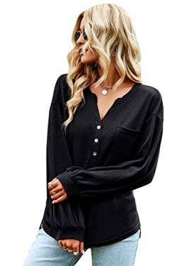 Veriliss Damen Oberteile T Shirt Langarm V-Ausschnitt Tops Mode Loses Blusen Sommer Thin Casual Shirt(Schwarz,S) von Veriliss