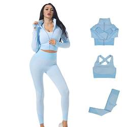 Veriliss Damen Sportanzüge Jogginganzug Sport Sets 3-Piece Gym Outfit Hosen und Sports Suit Crop Top Sportjacke Bekleidungssets Yoga Freizeitanzug Sportswear (Leicht Blau,L) von Veriliss