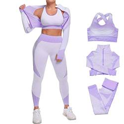 Veriliss Damen Sportanzüge Jogginganzug Sport Sets 3-Piece Gym Outfit Hosen und Sports Suit Crop Top Sportjacke Bekleidungssets Yoga Freizeitanzug Sportswear (Lila,L) von Veriliss