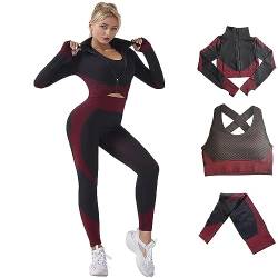 Veriliss Damen Sportanzüge Jogginganzug Sport Sets 3-Piece Gym Outfit Hosen und Sports Suit Crop Top Sportjacke Bekleidungssets Yoga Freizeitanzug Sportswear (Schwarz Rot,L) von Veriliss