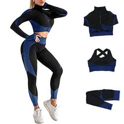 Veriliss Damen Sportanzüge Jogginganzug Sport Sets 3-Piece Gym Outfit Hosen und Sports Suit Crop Top Sportjacke Bekleidungssets Yoga Freizeitanzug Sportswear (SchwarzBlau,S) von Veriliss