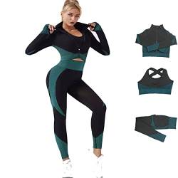 Veriliss Damen Sportanzüge Jogginganzug Sport Sets 3-Piece Gym Outfit Hosen und Sports Suit Crop Top Sportjacke Bekleidungssets Yoga Freizeitanzug Sportswear (SchwarzFinkBlau,L) von Veriliss