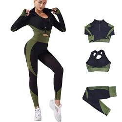 Veriliss Damen Sportanzüge Jogginganzug Sport Sets 3-Piece Gym Outfit Hosen und Sports Suit Crop Top Sportjacke Bekleidungssets Yoga Freizeitanzug Sportswear (SchwarzGrün,L) von Veriliss