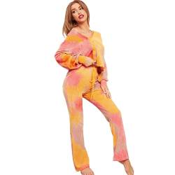 Veriliss Damen Zweiteilige Outfits Trainingsanzüge Sets Langarmpullover Lounge Hemdensets Freizeit Sweat Für Damen Pullover Waffel-Hemden(Orange,L) von Veriliss