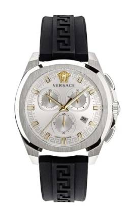 Versace Geo Chrono Collection Luxus-Herren-Armbanduhr mit schwarzem Armband mit Edelstahlgehäuse und silberfarbenem Zifferblatt, Edelstahl, OS, Versace Geo Chrono von Versace