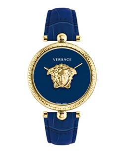Versace Palazzo Empire Collection Luxus-Damenuhr mit blauem Armband mit goldfarbenem Gehäuse und blauem Zifferblatt, Gold, OS, Palazzo Reich von Versace
