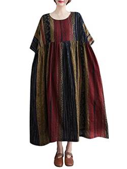 Versear Blumen Maxi Leinenkleid Kurzarm mit Taschen Lose Boho Kaftan Lang Baumwollkleid Maxikleid Oversize Freizeitkleid Casual Sommerkleid Strandkleid Große Größe Urlaubs Burgundy, Einheitsgröße von Versear