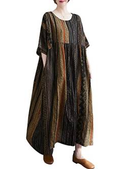 Versear Blumen Maxi Leinenkleid Kurzarm mit Taschen Lose Boho Kaftan Lang Baumwollkleid Maxikleid Oversize Freizeitkleid Casual Sommerkleid Strandkleid Große Größe Urlaubs Coffee, Einheitsgröße von Versear