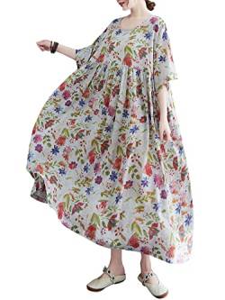 Versear Blumen Maxi Leinenkleid Kurzarm mit Taschen Lose Boho Kaftan Lang Baumwollkleid Maxikleid Oversize Freizeitkleid Casual Sommerkleid Strandkleid Große Größe Urlaubs Weiß, Einheitsgröße von Versear