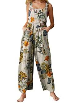 Versear Damen Blumen Knöpfen Verstellbare Träger Lose Latzhose Lockerer Boho Baggy Leinen Overall Retro Oversize Loose Bunt Jumpsuit Casual Baumwolle Hippie Wide Leg Hosen Große Größe Romper von Versear