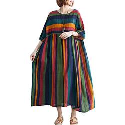 Versear Damen Streifen Boho Kaftan Maxikleid Baumwolle O-Ausschnitt Halbe Ärmel Sommer Lose Swing Maxikleid Urlaub Strand Freizeitkleid mit Taschen von Versear