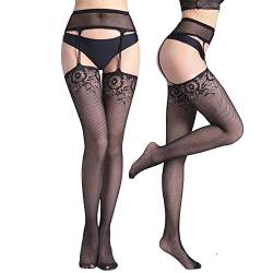 Verterosie 1 Paar Sexy Strumpfband Gürtel Oberschenkelhohe Strümpfe Damen Schwarz Blumen Spitze Muster Strumpfhose Fischnetz Strümpfe Hohe Taille Hosenträger, Stil 1 von Verterosie