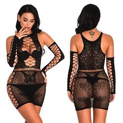 Verterosie Sexy transparente Dessous für Damen, Enger Body, Babydoll, weiche Nachtwäsche mit Langen Ärmeln, Schulterausschnitt, tiefes V-Dessous-Set (Schwarzer Stil 7) von Verterosie