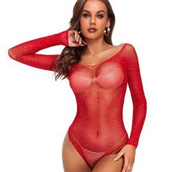 Verterosie Sexy transparente Dessous für Damen, enger Body, Babydoll, weiche Nachtwäsche mit langen Ärmeln, Schulterausschnitt, tiefes V-Dessous-Set (Roter Stil 5) von Verterosie